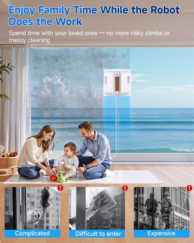 Luxeraum.de Glass Cleaners Automatischer Fenster- und Glasreinigungsroboter, ausgestattet mit einem vierstufigen Wassersprühsystem, achtstufigem Sicherheitsschutz, kollisionsresistenter Kantenerkennung und intelligenter Routenplanungsfunktion.
