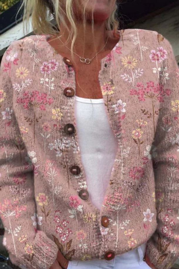 Cardigan – Weicher Strick – Floraler Print & Knopfleiste – Damen
