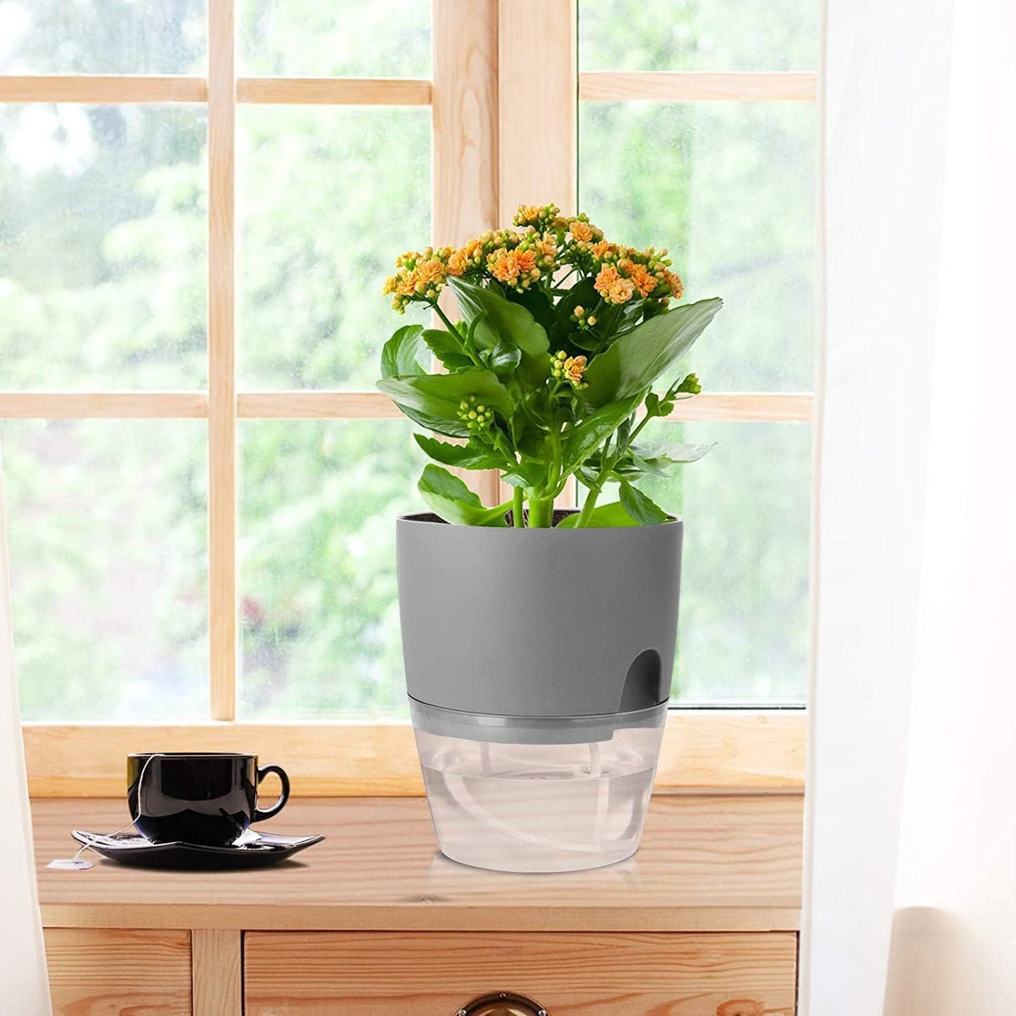 Luxeraum.de Pots Kräutertopf Set 3er selbstbewässernd für Küche, Blumentopf Fensterbank mit Wasserstandsanzeige, 18,2 × 11 × 15,3 cm, Grau