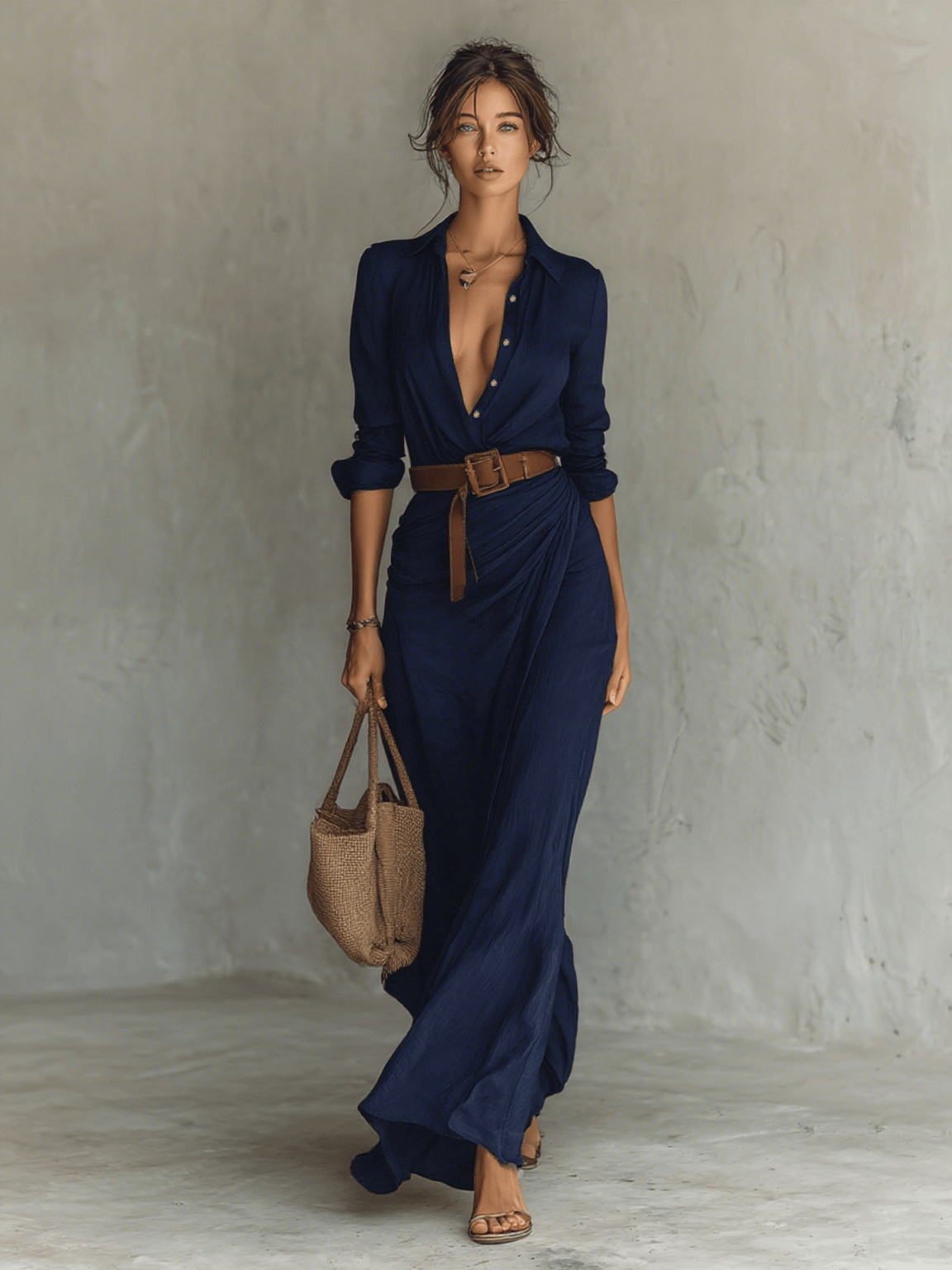 Luxeraum.de Dresses Marineblau / XS Maxikleid – Fließender Materialfall – Taillierter Gürtel – Damen