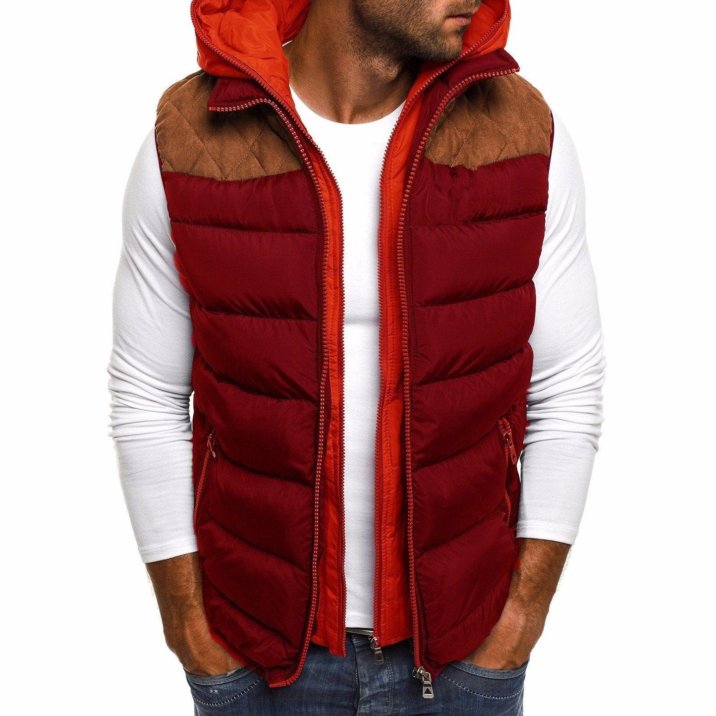 Luxeraum.de Vests Rotwein / S Steppweste – Gefüttert – Sportliche Kontraste & Kapuze – Herren