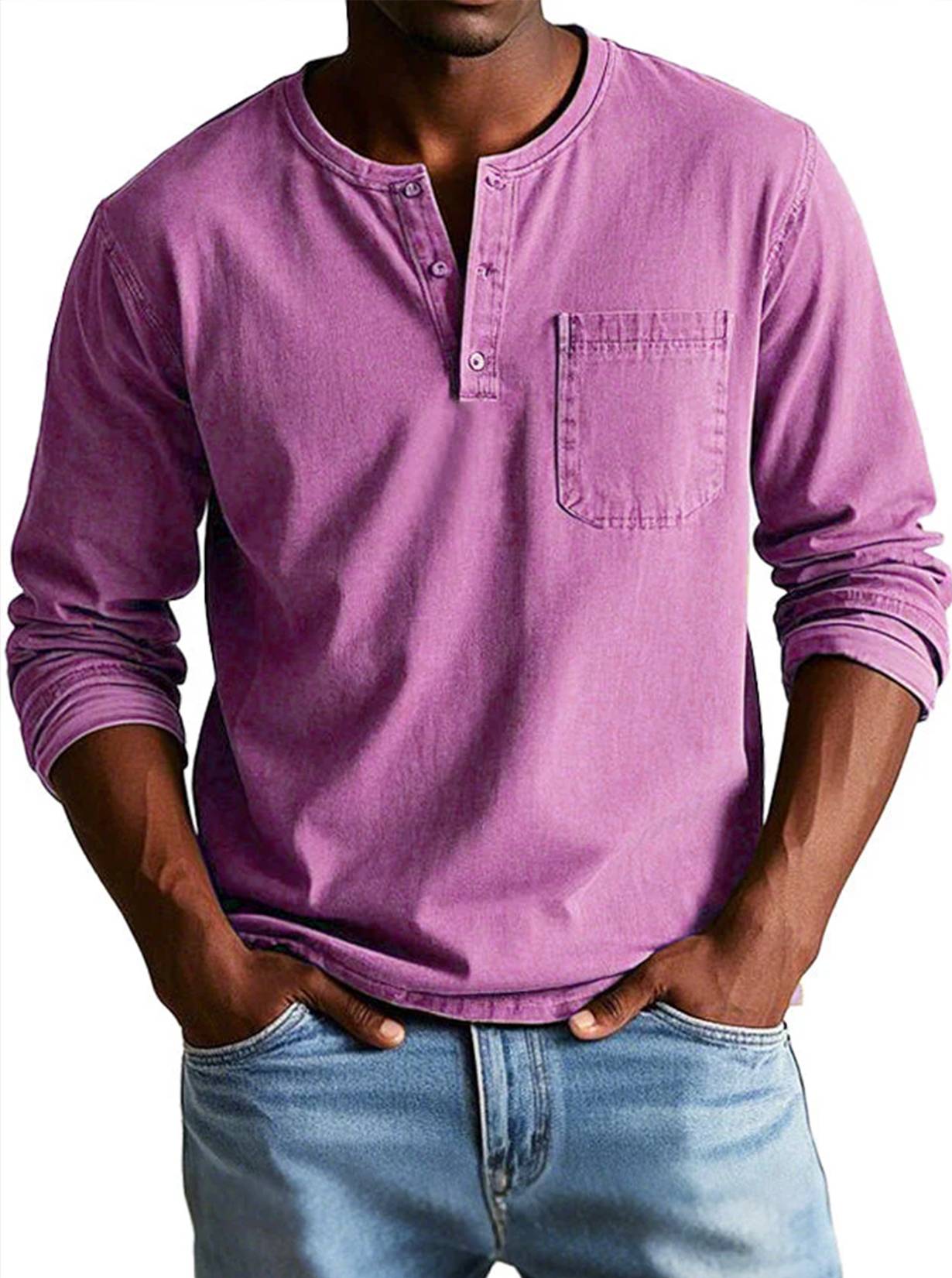 Langarmshirt – Baumwolle – Henley-Ausschnitt mit Brusttasche – Herren