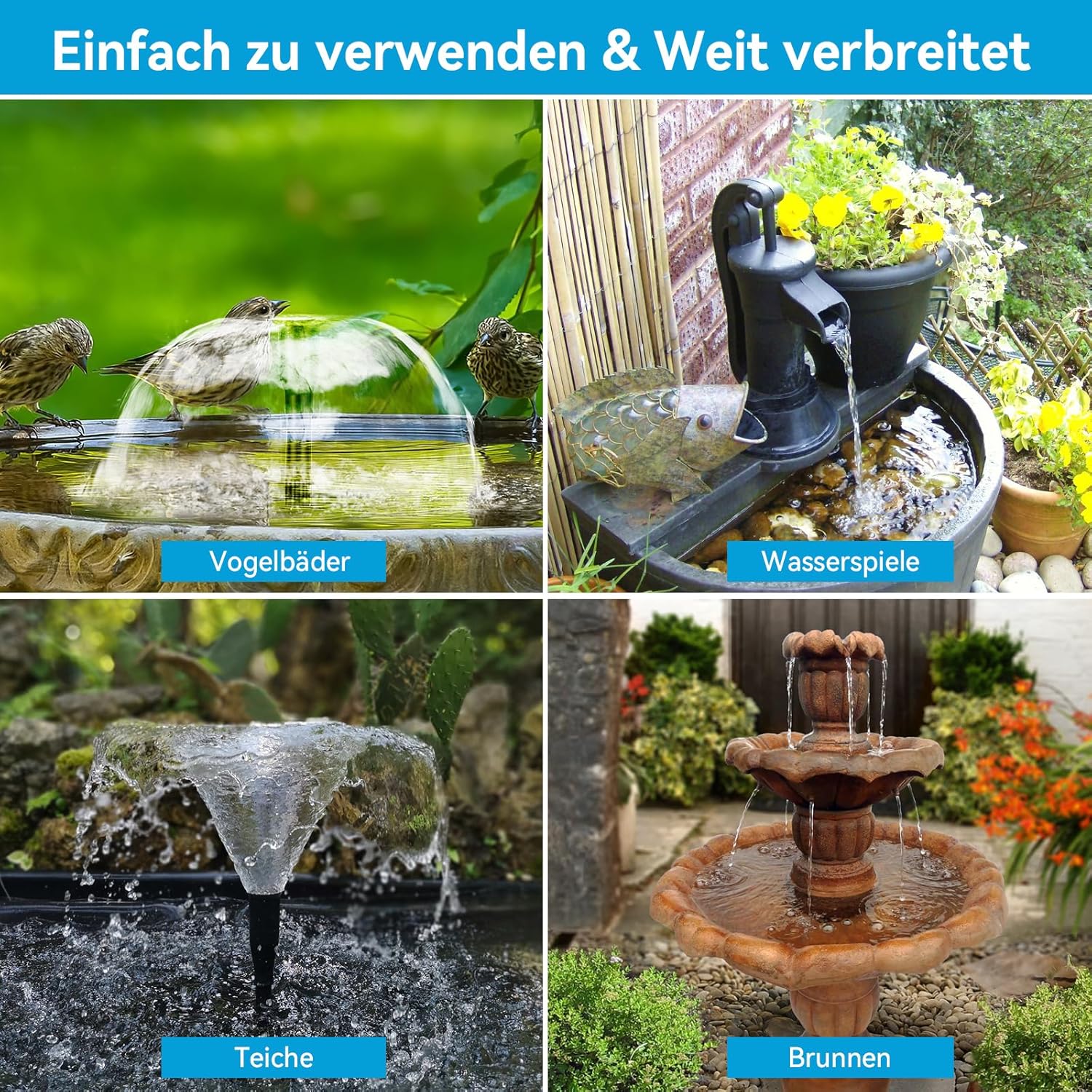Luxeraum.de Fountain & Pond Accessories 8W Solar Springbrunnen - 3600mAh Akku-Backup - 8 Sprühmodi - Trockenlaufschutz - 1,5 m Schlauch