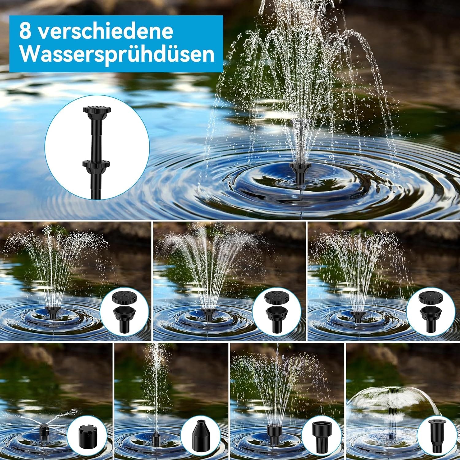Luxeraum.de Fountain & Pond Accessories 8W Solar Springbrunnen - 3600mAh Akku-Backup - 8 Sprühmodi - Trockenlaufschutz - 1,5 m Schlauch