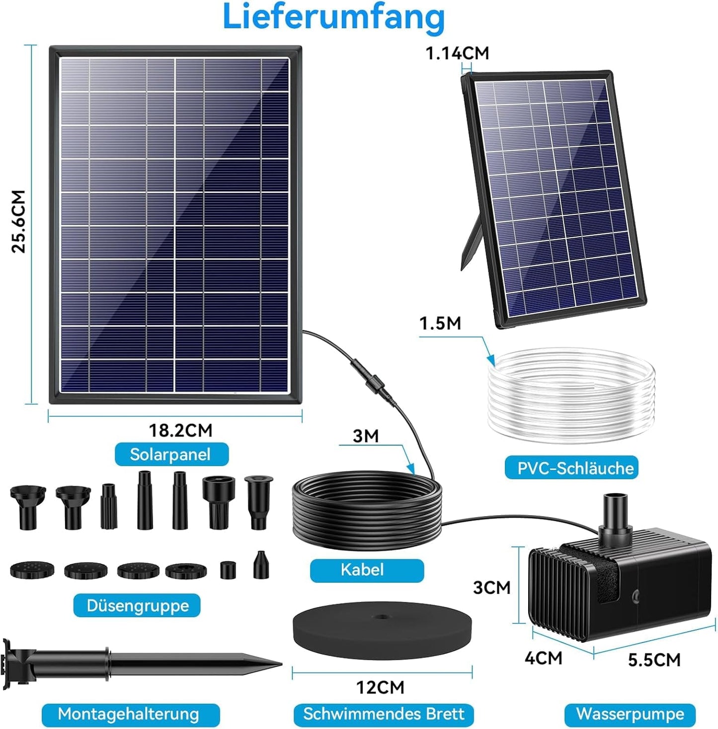 Luxeraum.de Fountain & Pond Accessories 8W Solar Springbrunnen - 3600mAh Akku-Backup - 8 Sprühmodi - Trockenlaufschutz - 1,5 m Schlauch