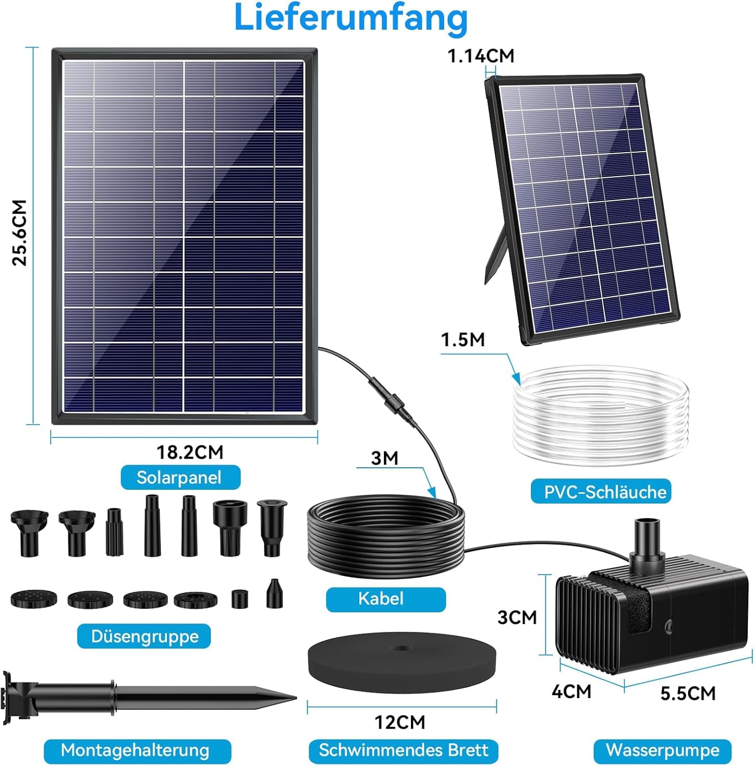 Luxeraum.de Fountain & Pond Accessories 8W Solar Springbrunnen - 3600mAh Akku-Backup - 8 Sprühmodi - Trockenlaufschutz - 1,5 m Schlauch
