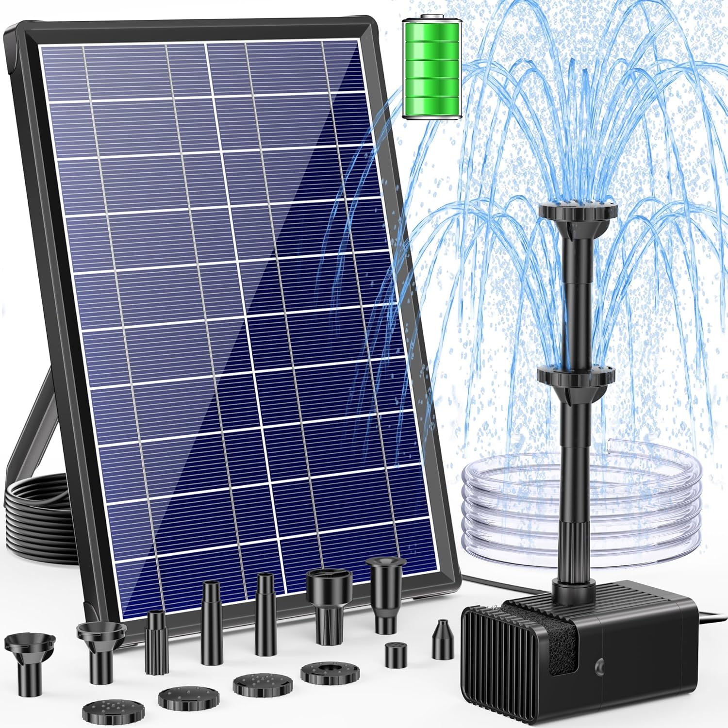 Luxeraum.de Fountain & Pond Accessories 8W Solar Springbrunnen - 3600mAh Akku-Backup - 8 Sprühmodi - Trockenlaufschutz - 1,5 m Schlauch