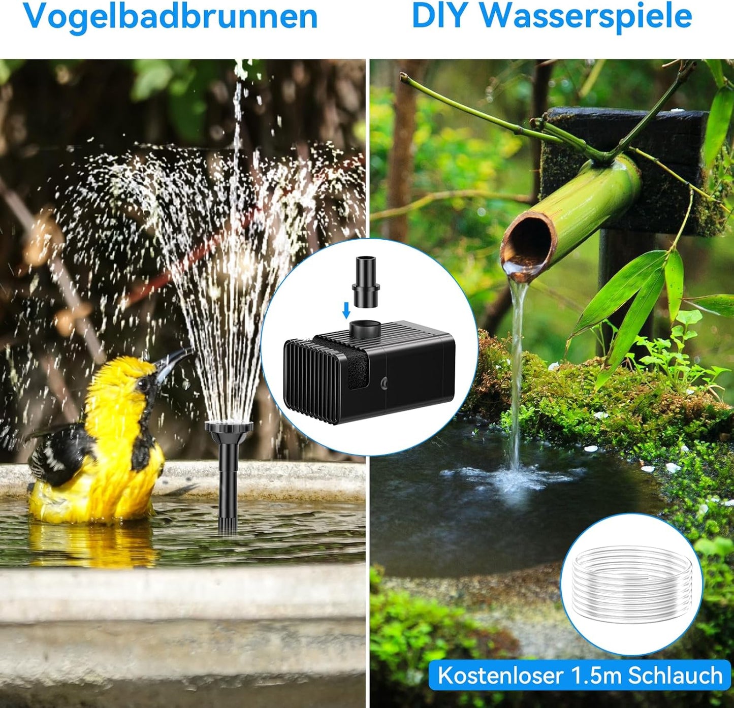 Luxeraum.de Fountain & Pond Accessories 8W Solar Springbrunnen - 3600mAh Akku-Backup - 8 Sprühmodi - Trockenlaufschutz - 1,5 m Schlauch