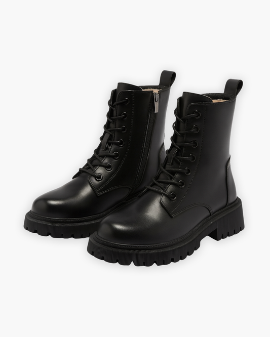 Schnürstiefeletten Schwarz – PU-Leder & Kunstfell – Warmfutter mit Profilsohle – Damen