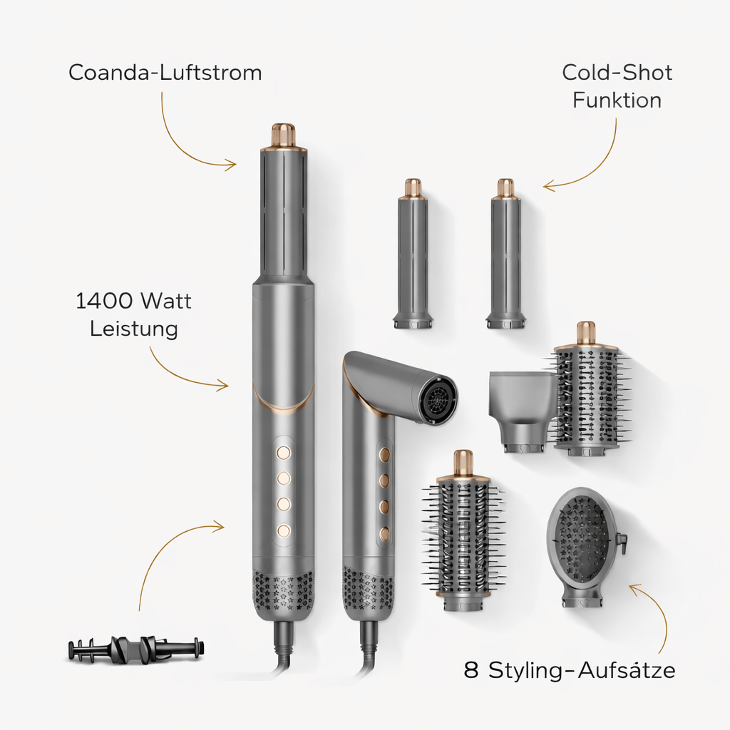 Luxeraum.de Hair Styling Tool Sets Airstyler 8 in 1 mit Coanda-Luftstrom – Haarstyler mit 8 Aufsätzen, 1400W, Cold Shot