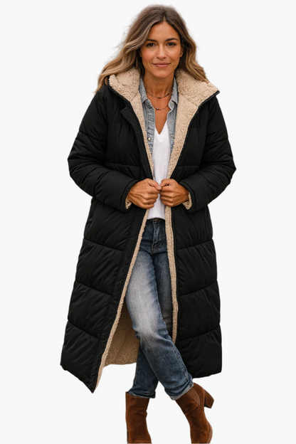 Damen Pufferjacke warm mit Kapuze – Longline Winterjacke