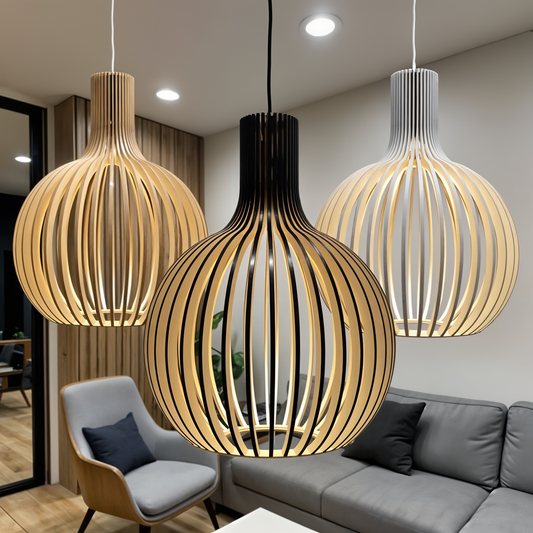 Pendelleuchte aus Holz Ø35cm/Ø45cm/Ø55cm – Stilvolle Hängelampe für Esszimmer und Wohnräume 0