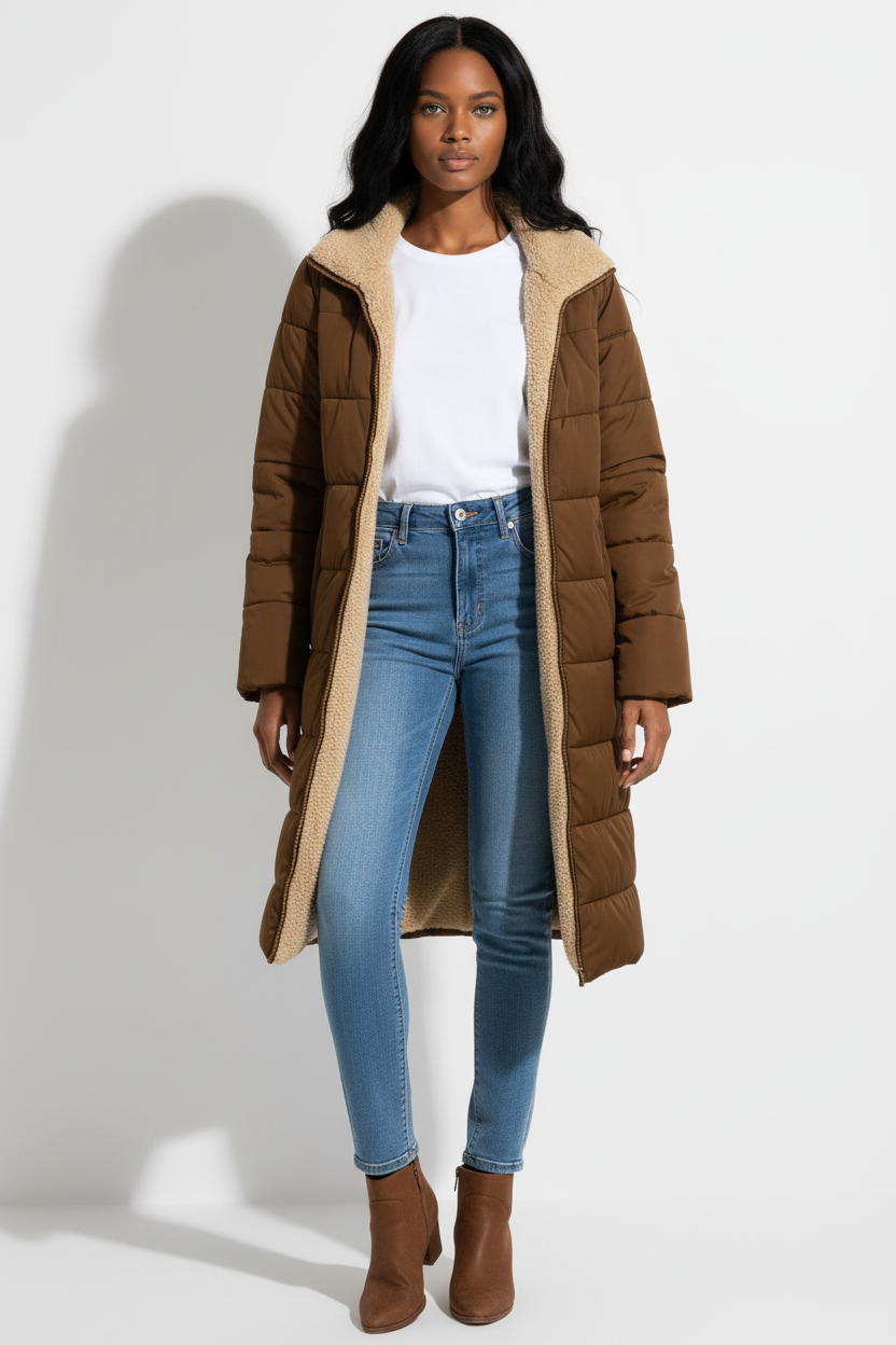 Damen Pufferjacke warm mit Kapuze – Longline Winterjacke