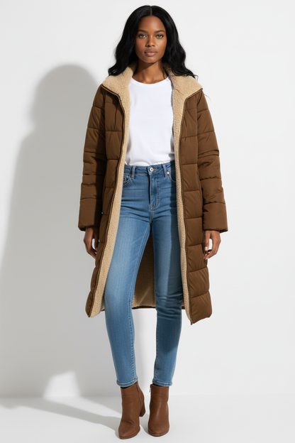 Damen Pufferjacke warm mit Kapuze – Longline Winterjacke