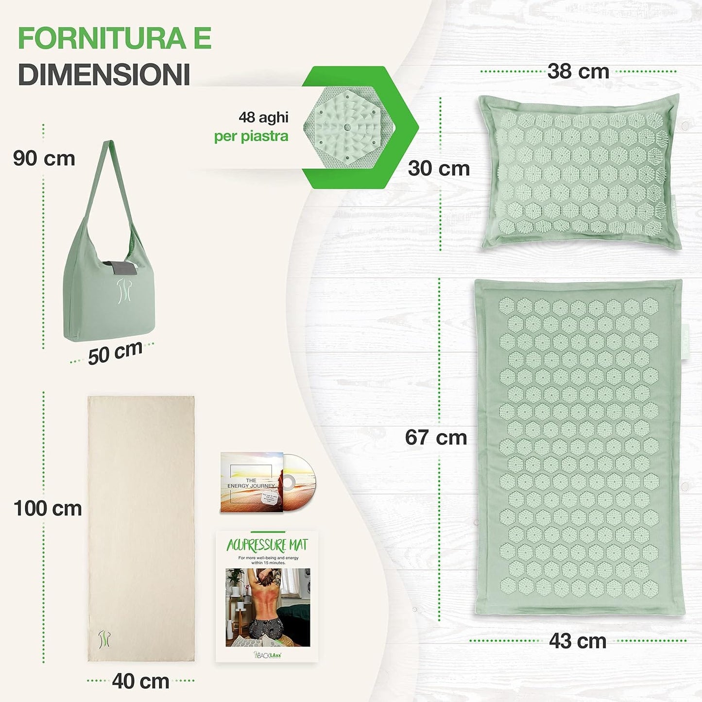 Luxeraum.de Acupressure Mats & Cushions Acupressurmatte Set mit Kissen, Tasche und Tuch, Akupressurmatte für Rücken, Nacken und Entspannung, Gletscher-Mint