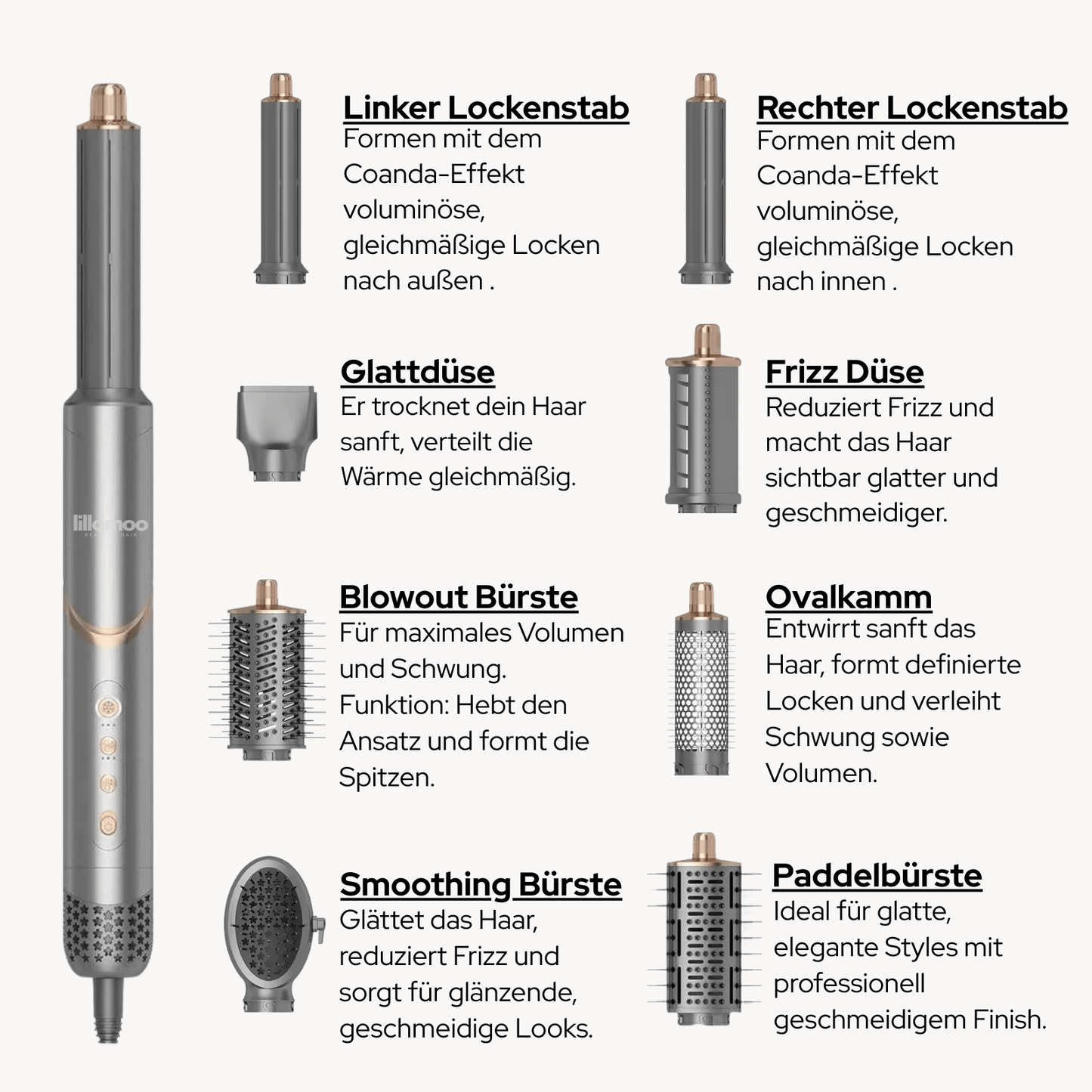 Luxeraum.de Hair Styling Tool Sets Airstyler 8 in 1 mit Coanda-Luftstrom – Haarstyler mit 8 Aufsätzen, 1400W, Cold Shot