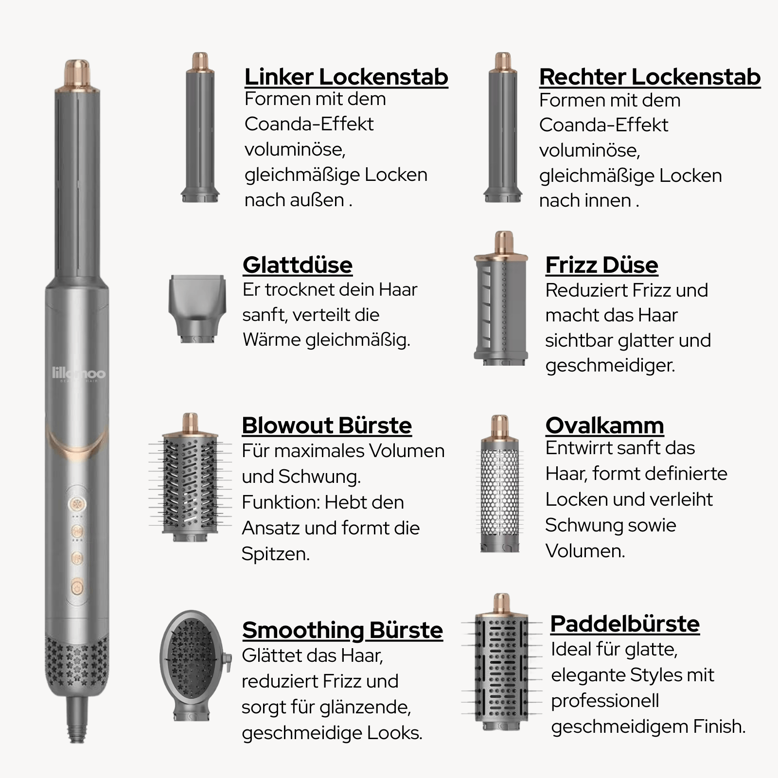 Luxeraum.de Hair Styling Tool Sets Airstyler 8 in 1 mit Coanda-Luftstrom – Haarstyler mit 8 Aufsätzen, 1400W, Cold Shot