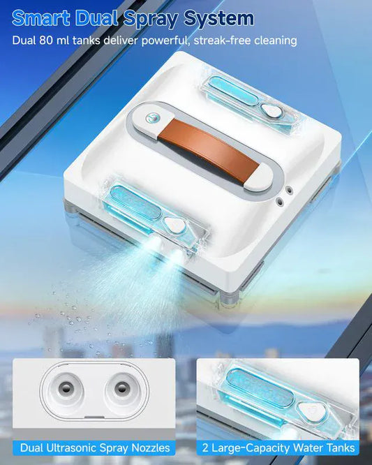 Luxeraum.de Glass Cleaners Automatischer Fenster- und Glasreinigungsroboter, ausgestattet mit einem vierstufigen Wassersprühsystem, achtstufigem Sicherheitsschutz, kollisionsresistenter Kantenerkennung und intelligenter Routenplanungsfunktion.