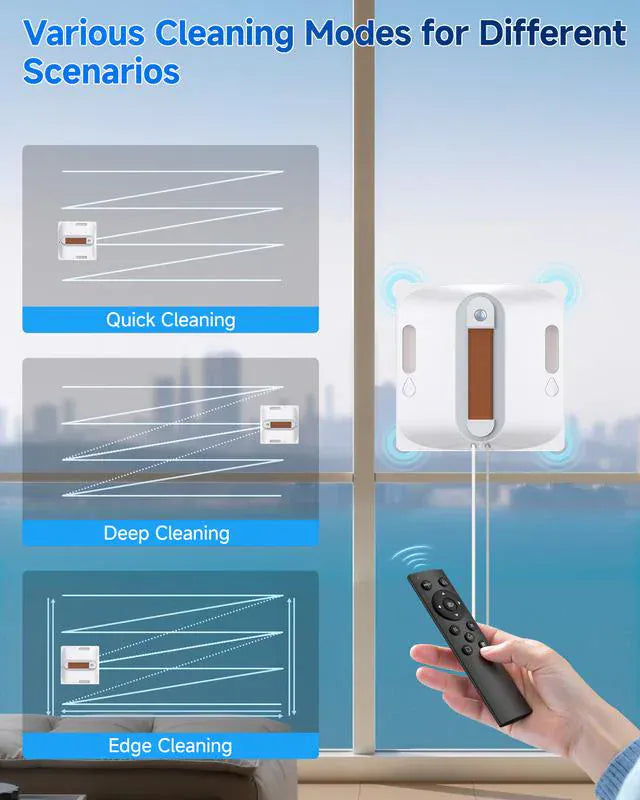 Luxeraum.de Glass Cleaners Automatischer Fenster- und Glasreinigungsroboter, ausgestattet mit einem vierstufigen Wassersprühsystem, achtstufigem Sicherheitsschutz, kollisionsresistenter Kantenerkennung und intelligenter Routenplanungsfunktion.