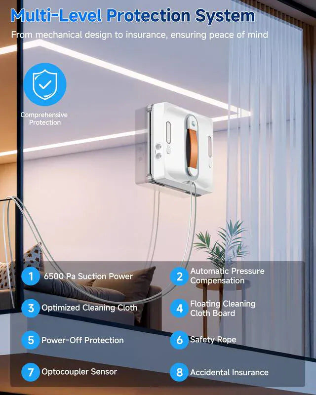 Luxeraum.de Glass Cleaners Automatischer Fenster- und Glasreinigungsroboter, ausgestattet mit einem vierstufigen Wassersprühsystem, achtstufigem Sicherheitsschutz, kollisionsresistenter Kantenerkennung und intelligenter Routenplanungsfunktion.