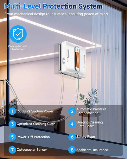 Luxeraum.de Glass Cleaners Automatischer Fenster- und Glasreinigungsroboter, ausgestattet mit einem vierstufigen Wassersprühsystem, achtstufigem Sicherheitsschutz, kollisionsresistenter Kantenerkennung und intelligenter Routenplanungsfunktion.