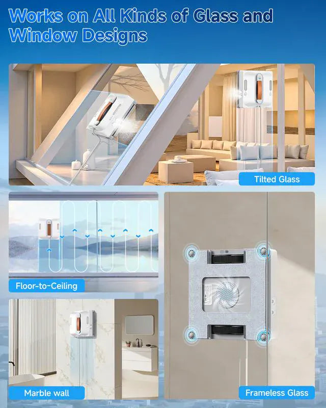 Luxeraum.de Glass Cleaners Automatischer Fenster- und Glasreinigungsroboter, ausgestattet mit einem vierstufigen Wassersprühsystem, achtstufigem Sicherheitsschutz, kollisionsresistenter Kantenerkennung und intelligenter Routenplanungsfunktion.