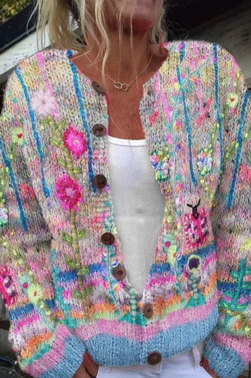Luxeraum.de Cardigans Blau / S (8) Cardigan – Weicher Strick – Floraler Print & Knopfleiste – Damen