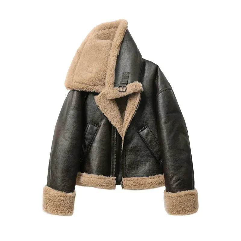 Luxeraum.de AW - Womens - Jackets & Coats XS / Beige/Schwarz Damen Lederjacke elegant mit warmem Kunstfellfutter