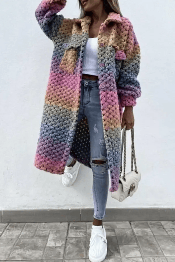 Luxeraum.de Rosa / XS Damen Mantel elegant – hochwertig gewebt, moderner Regenbogen-Look