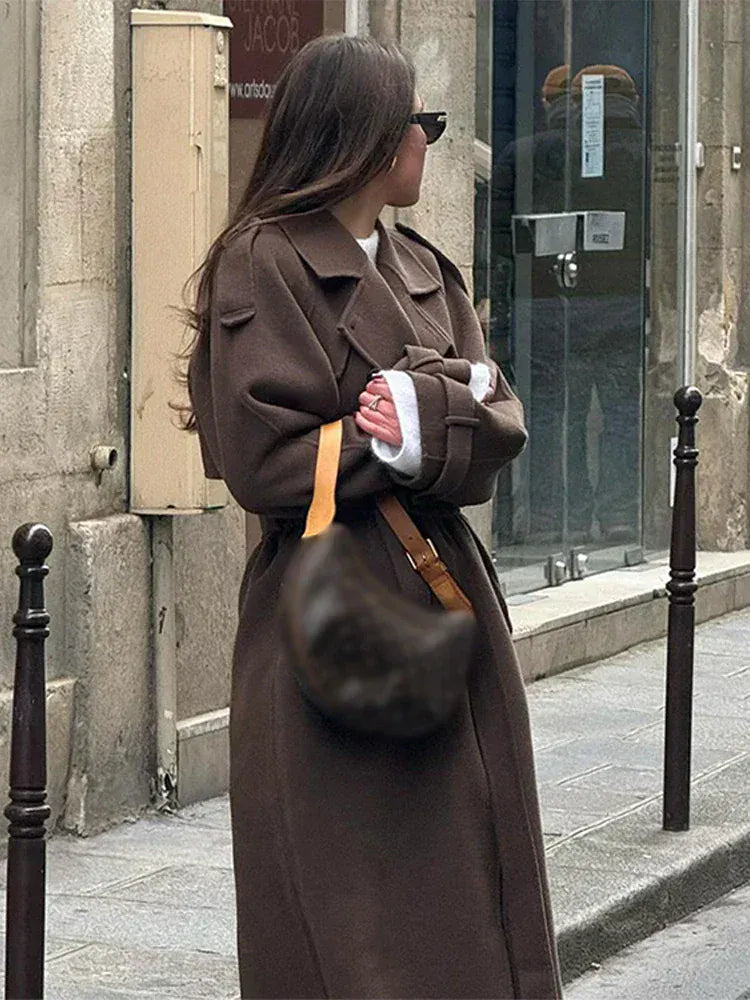 Luxeraum.de AW - Womens - Jackets & Coats Damen Mantel lang elegant, Doppelreihe, Taillengürtel, warm für Herbst/Winter
