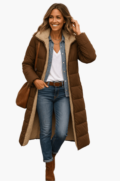 Luxeraum.de Puffer Jackets Braun / S Damen Pufferjacke warm mit Kapuze – Longline Winterjacke