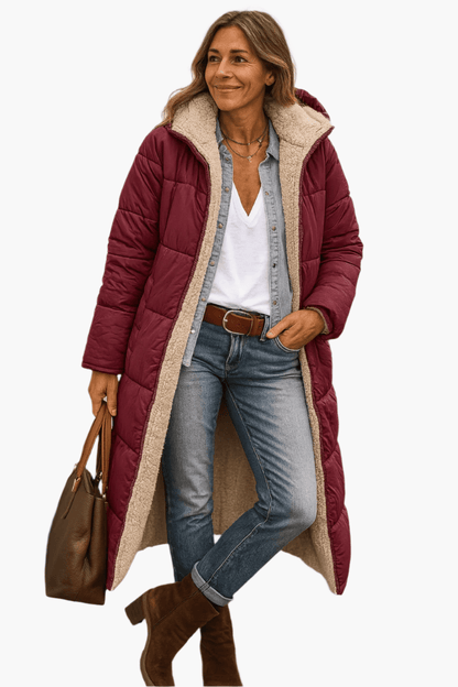 Luxeraum.de Puffer Jackets Weinrot / S Damen Pufferjacke warm mit Kapuze – Longline Winterjacke