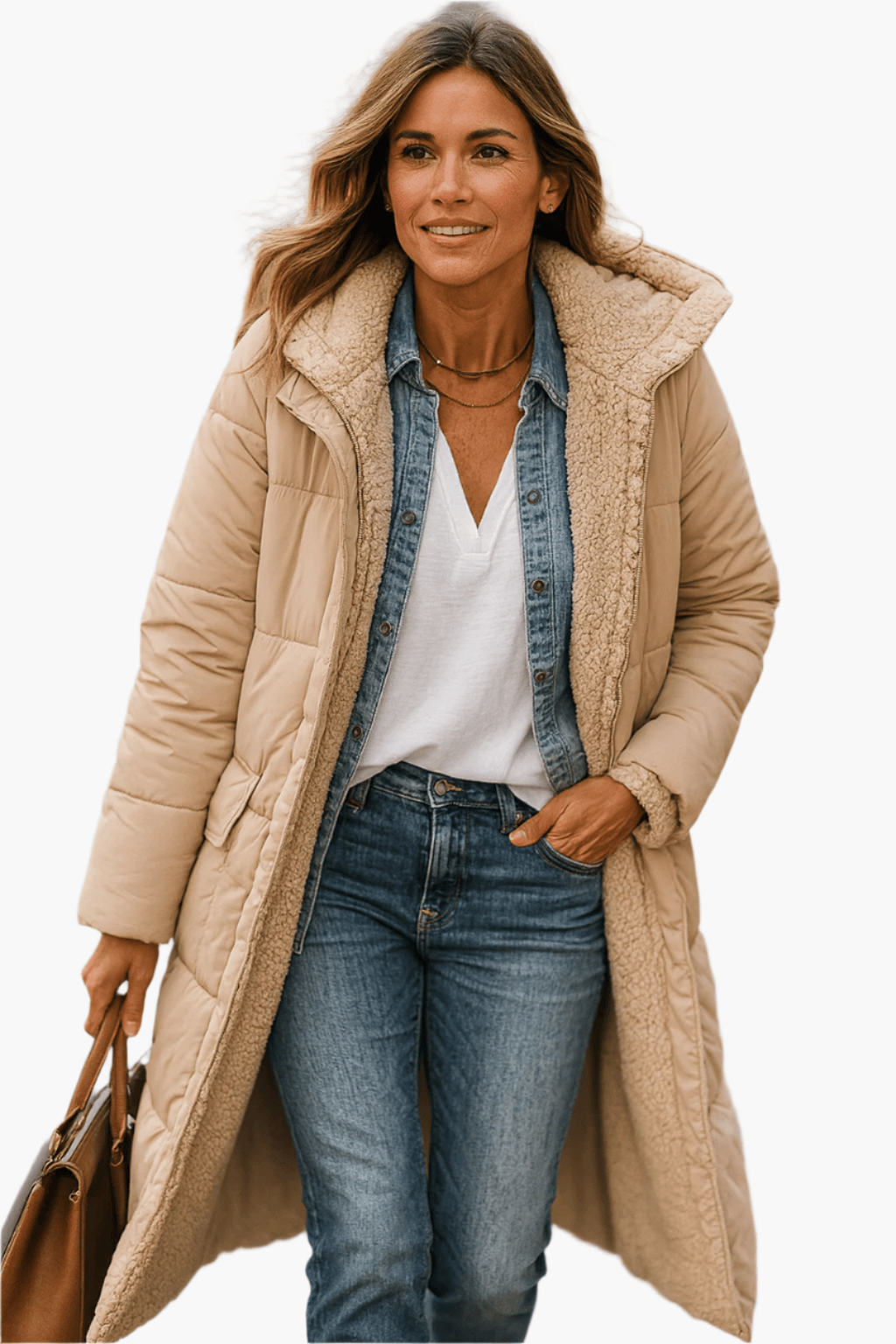 Luxeraum.de Puffer Jackets Beige / S Damen Pufferjacke warm mit Kapuze – Longline Winterjacke