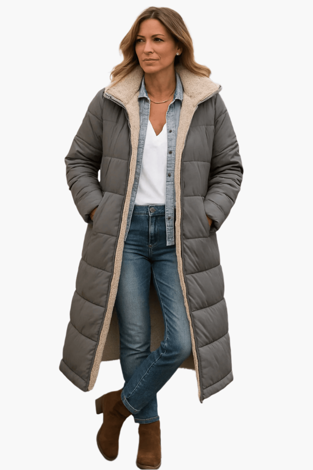 Luxeraum.de Puffer Jackets Grau / S Damen Pufferjacke warm mit Kapuze – Longline Winterjacke
