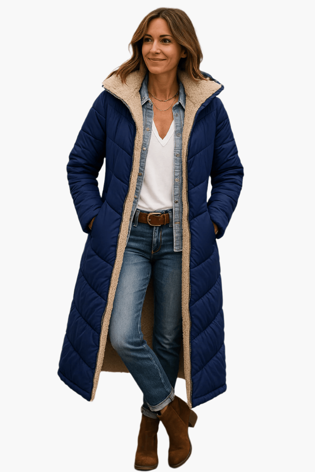 Luxeraum.de Puffer Jackets Marineblau / S Damen Pufferjacke warm mit Kapuze – Longline Winterjacke