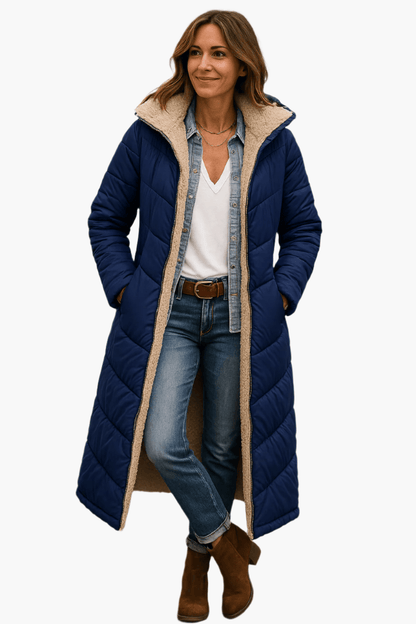 Luxeraum.de Puffer Jackets Marineblau / S Damen Pufferjacke warm mit Kapuze – Longline Winterjacke