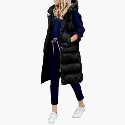 Luxeraum.de huis van stijl20240917 Schwarz / S Damen Steppweste Lang – warm, modern mit Kapuze und Taschen
