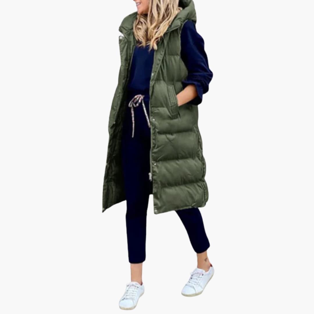 Luxeraum.de huis van stijl20240917 Militärgrün / S Damen Steppweste Lang – warm, modern mit Kapuze und Taschen
