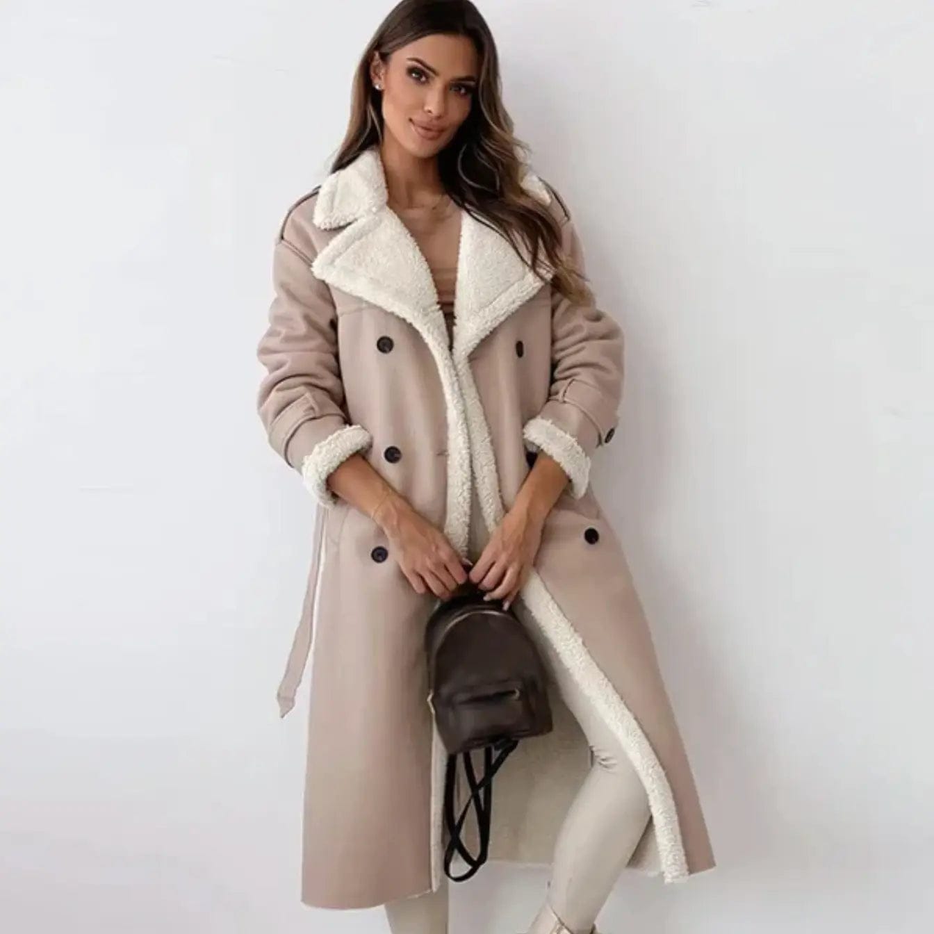 Luxeraum.de Teddyjacke Aprikose / S Damen Winterjacke lang mit Fleece-Futter und Teddykragen, warm