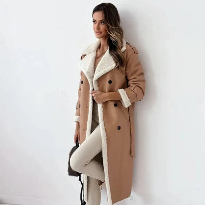 Luxeraum.de Teddyjacke Khaki / S Damen Winterjacke lang mit Fleece-Futter und Teddykragen, warm