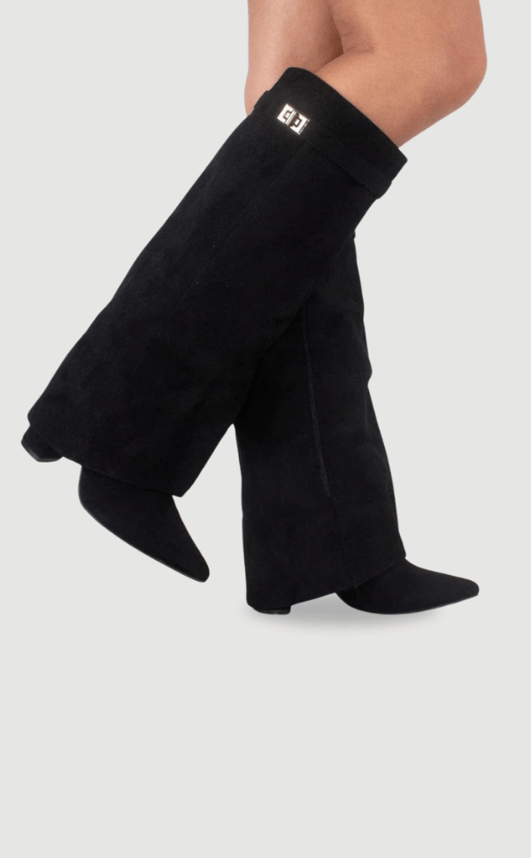 Luxeraum.de Boots Schwarz Wildleder / 36 Damenstiefel – Veloursleder – Elegante Goldakzente – Damen