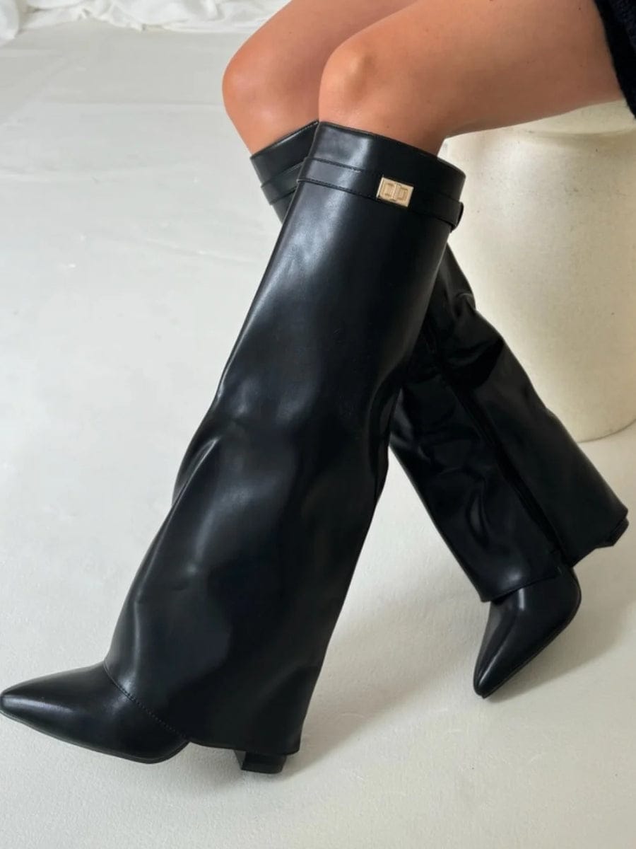 Luxeraum.de Boots Schwarz Leder / 36 Damenstiefel – Veloursleder – Elegante Goldakzente – Damen