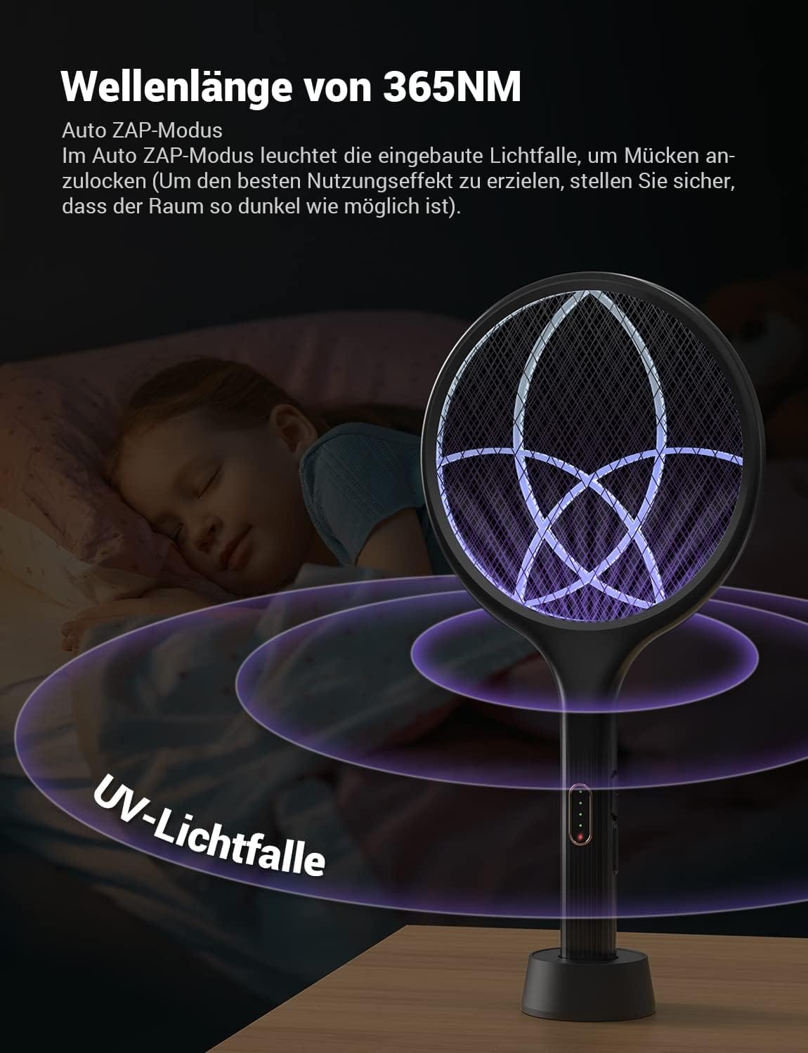 Luxeraum.de Elektrische Fliegenklatsche extra stark 4000V 2 in 1 USB C mit Akku Aufladbar Elektro Mückenklatsche mit UV Lichtfalle Schwarz 2 STK.