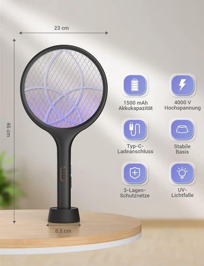 Luxeraum.de Elektrische Fliegenklatsche extra stark 4000V 2 in 1 USB C mit Akku Aufladbar Elektro Mückenklatsche mit UV Lichtfalle Schwarz 2 STK.