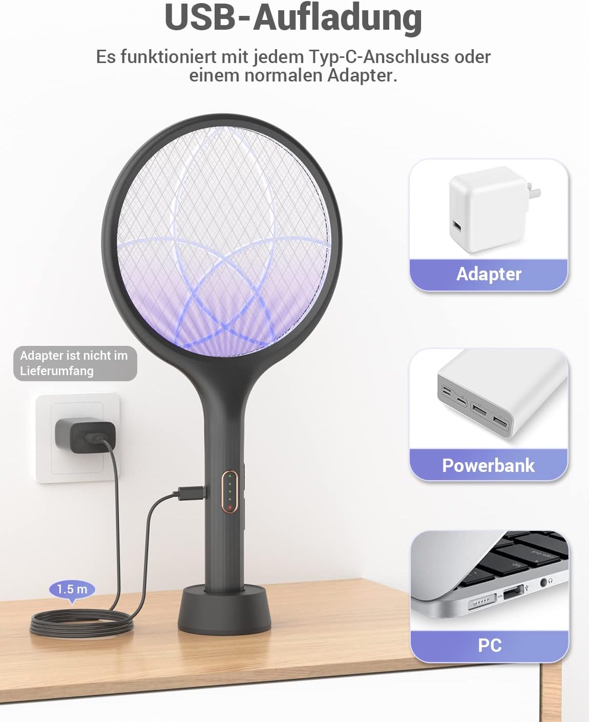 Luxeraum.de Elektrische Fliegenklatsche extra stark 4000V 2 in 1 USB C mit Akku Aufladbar Elektro Mückenklatsche mit UV Lichtfalle Schwarz 2 STK.