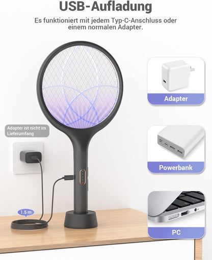 Luxeraum.de Elektrische Fliegenklatsche extra stark 4000V 2 in 1 USB C mit Akku Aufladbar Elektro Mückenklatsche mit UV Lichtfalle Schwarz 2 STK.