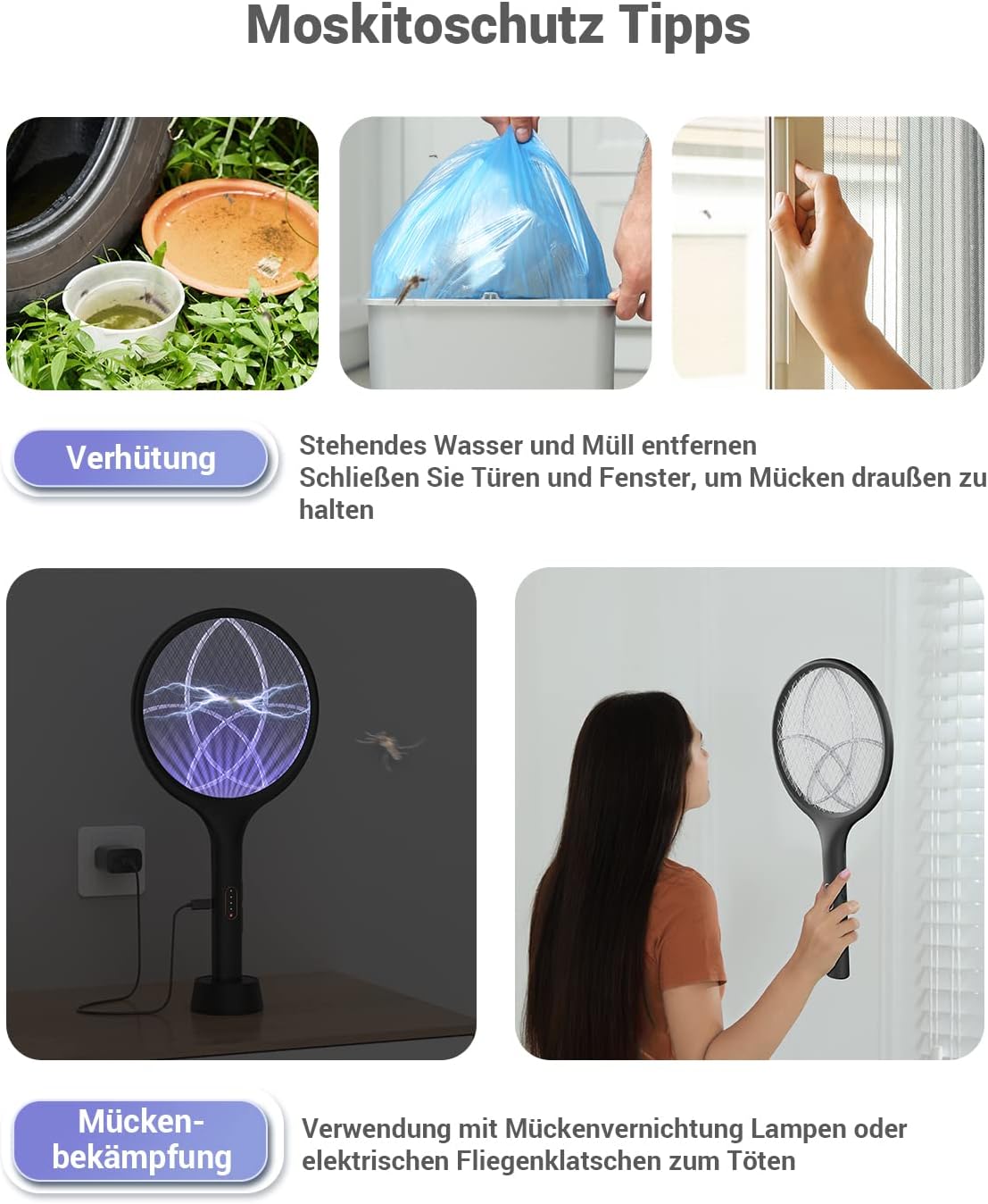 Luxeraum.de Elektrische Fliegenklatsche extra stark 4000V 2 in 1 USB C mit Akku Aufladbar Elektro Mückenklatsche mit UV Lichtfalle Schwarz 2 STK.