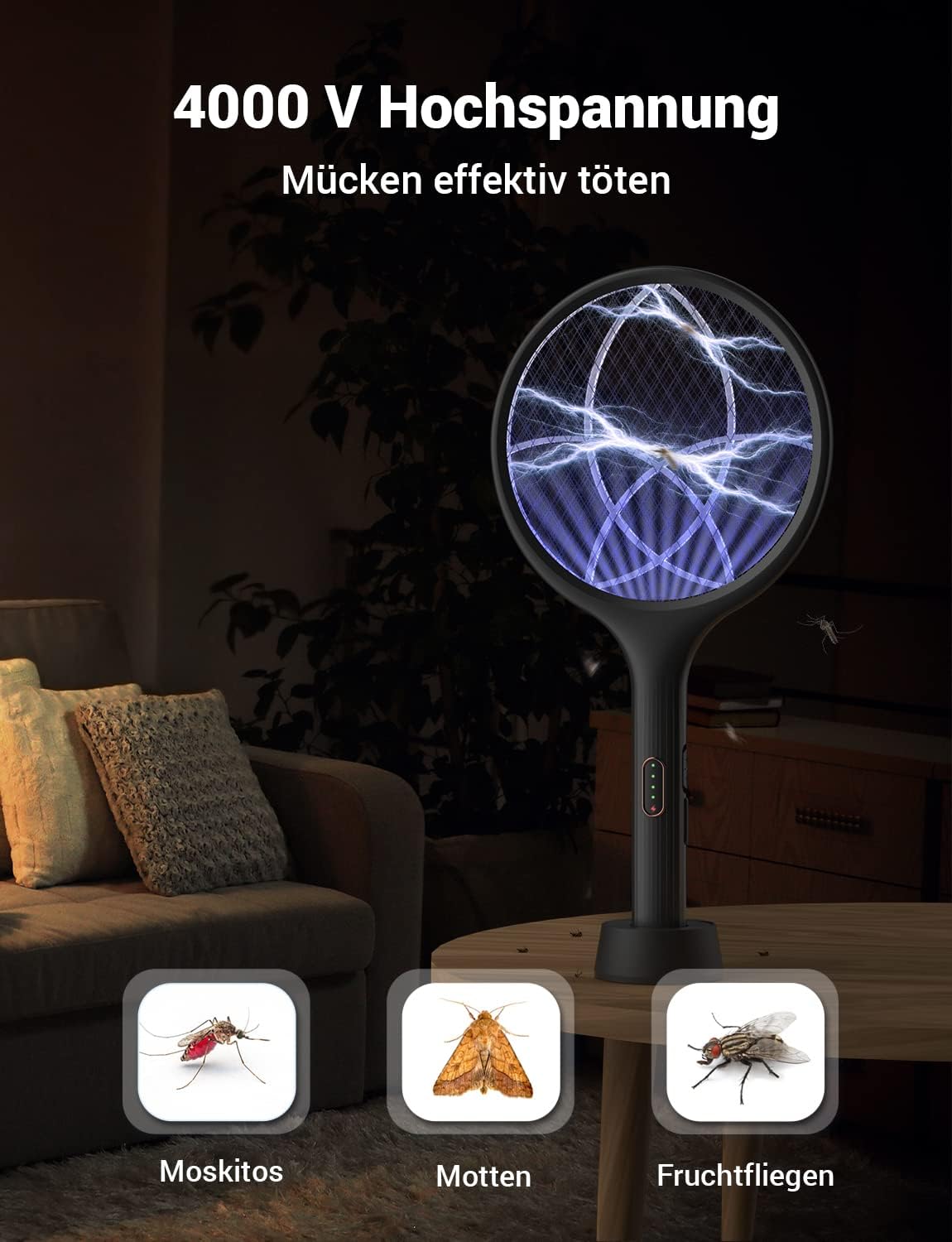 Luxeraum.de Elektrische Fliegenklatsche extra stark 4000V 2 in 1 USB C mit Akku Aufladbar Elektro Mückenklatsche mit UV Lichtfalle Schwarz 2 STK.