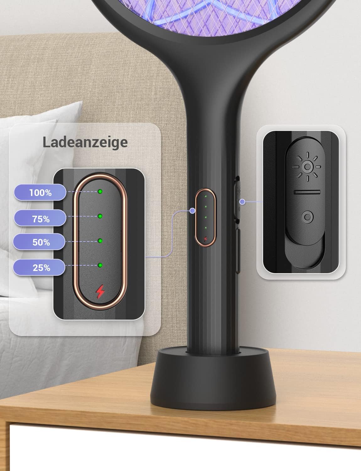 Luxeraum.de Elektrische Fliegenklatsche extra stark 4000V 2 in 1 USB C mit Akku Aufladbar Elektro Mückenklatsche mit UV Lichtfalle Schwarz 2 STK.