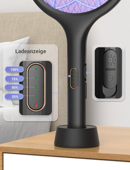 Luxeraum.de Elektrische Fliegenklatsche extra stark 4000V 2 in 1 USB C mit Akku Aufladbar Elektro Mückenklatsche mit UV Lichtfalle Schwarz 2 STK.